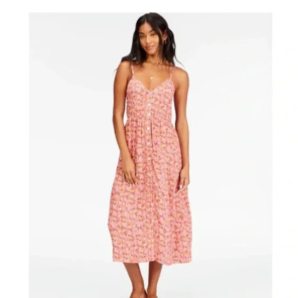 BILLABONG VENICE BABE MIDI SLIP DRESS Coral Red/Multi Sz. S - Picture 2 of 6